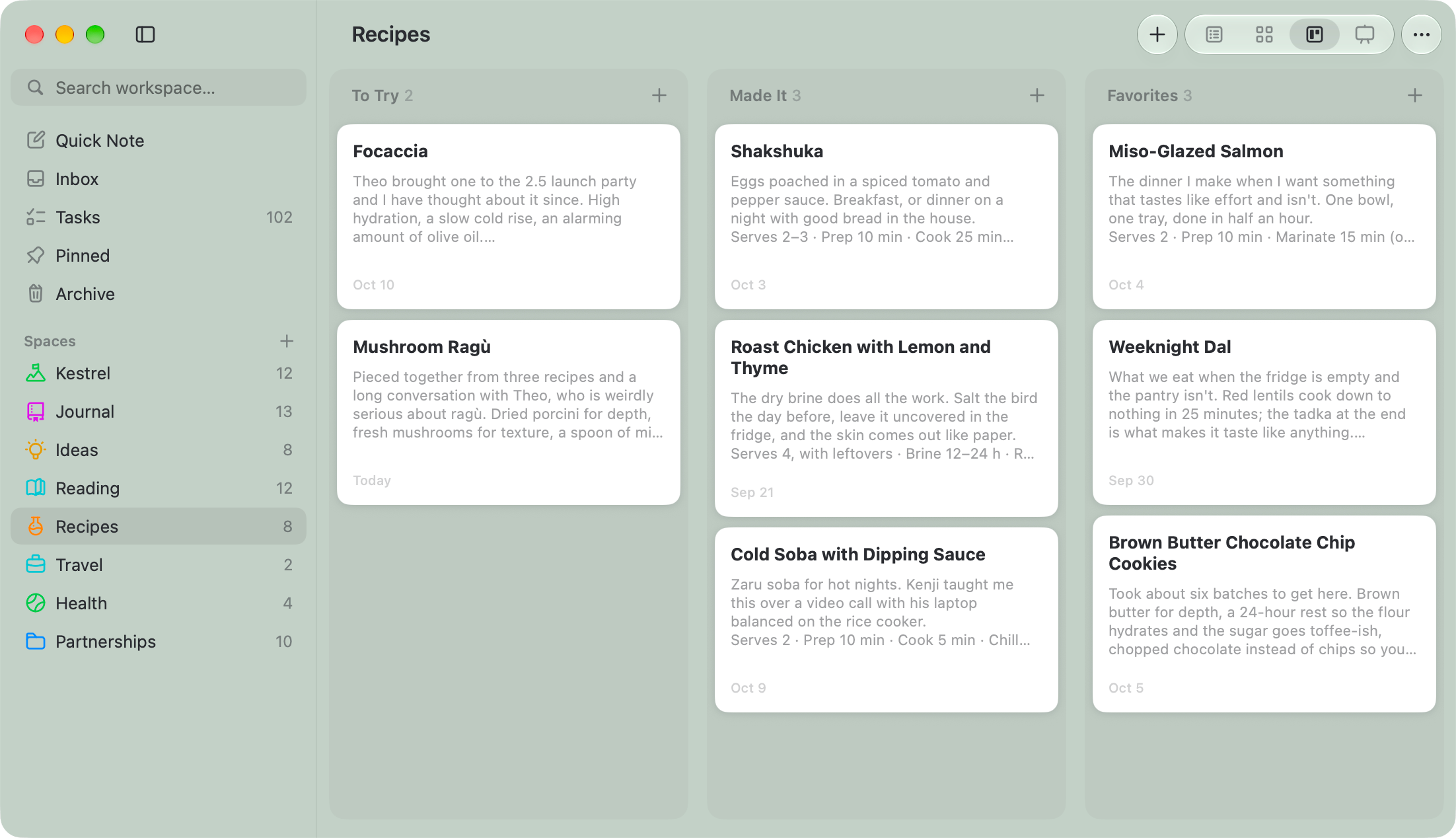 A Recipes space in Saturn as a board with To Try, Made It and Favorites columns