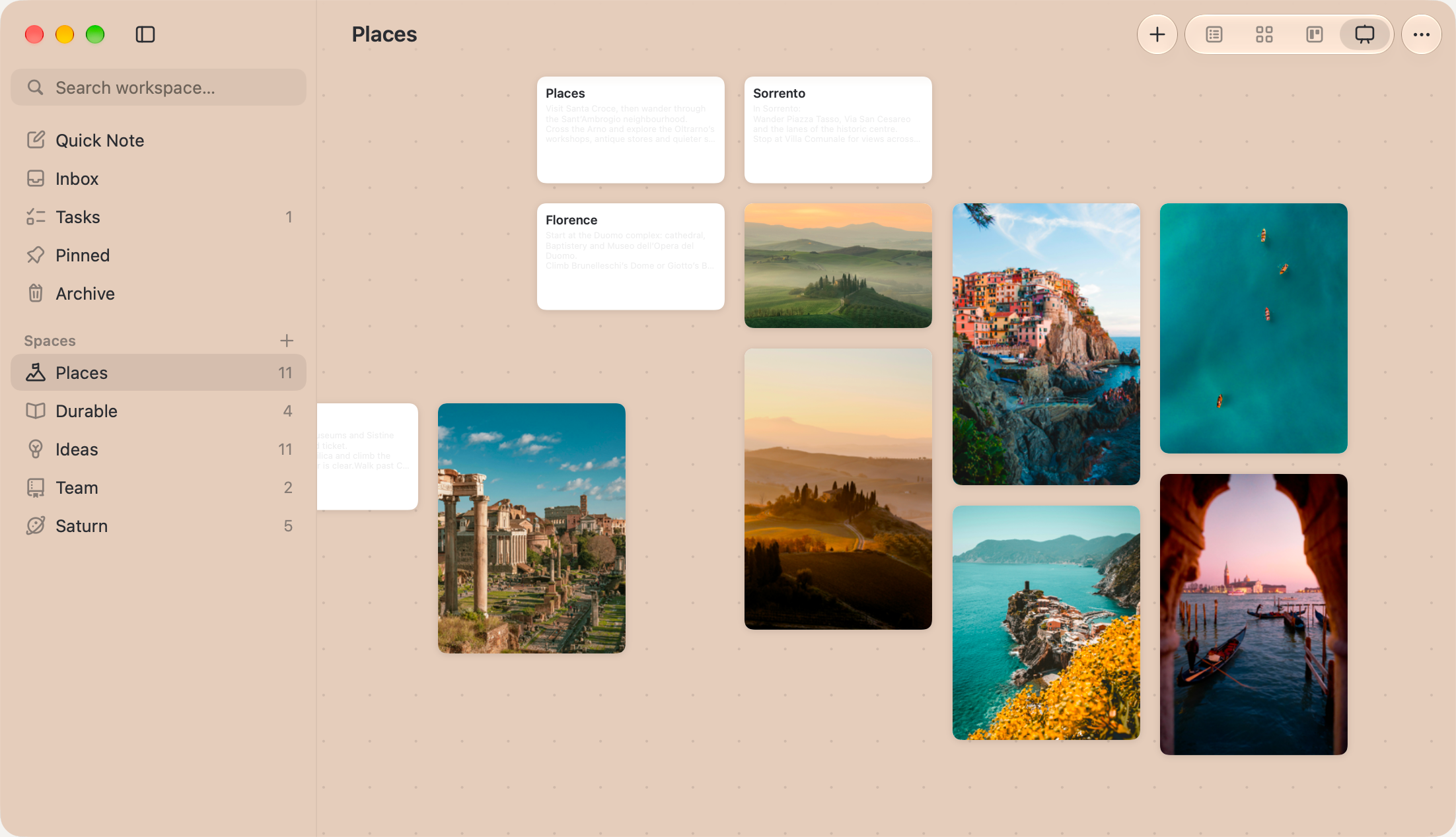 A Places space in Saturn as a canvas of note cards and travel photos