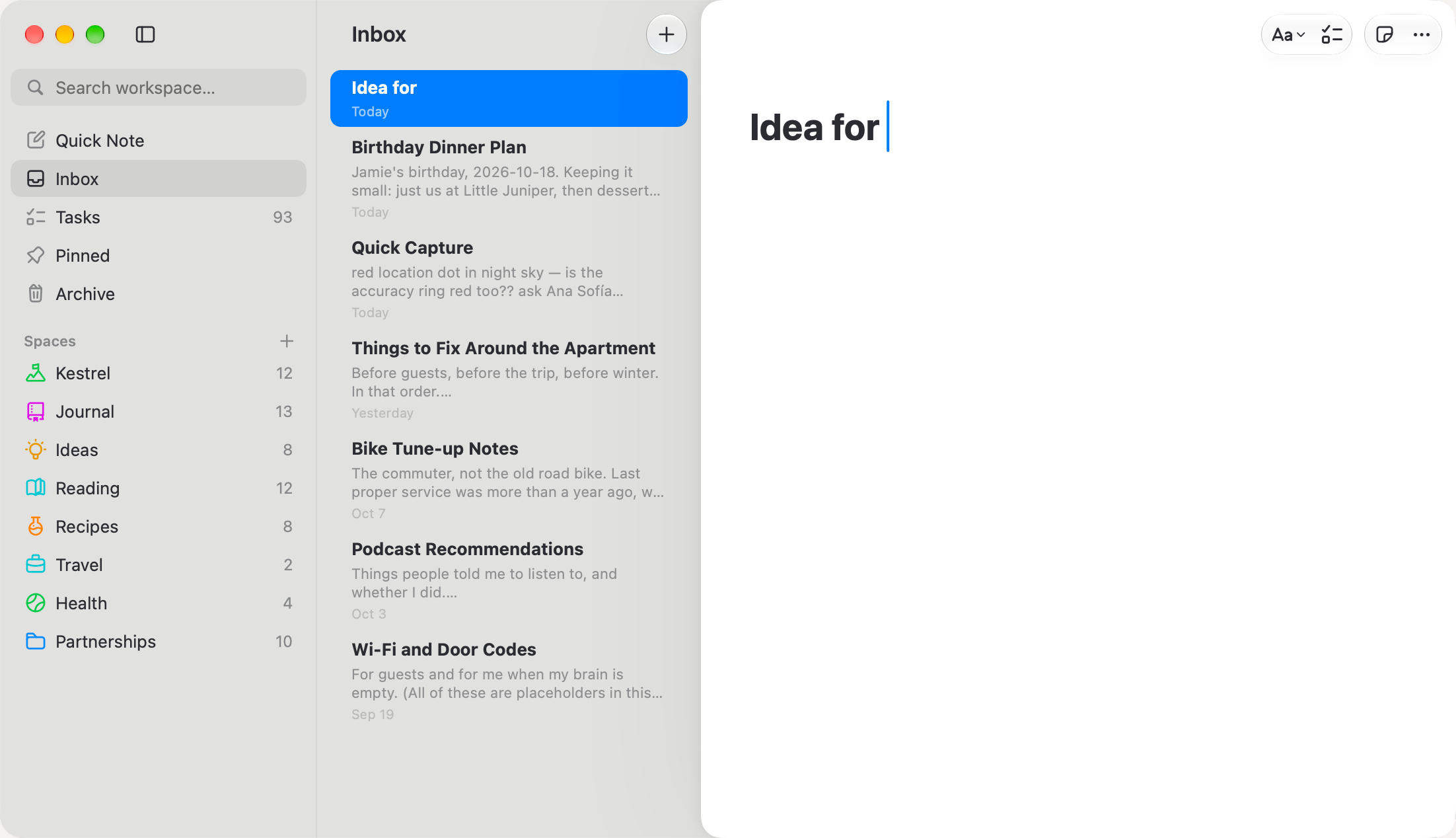 Saturn's Inbox: a fresh note titled “Idea for” beside recent quick notes