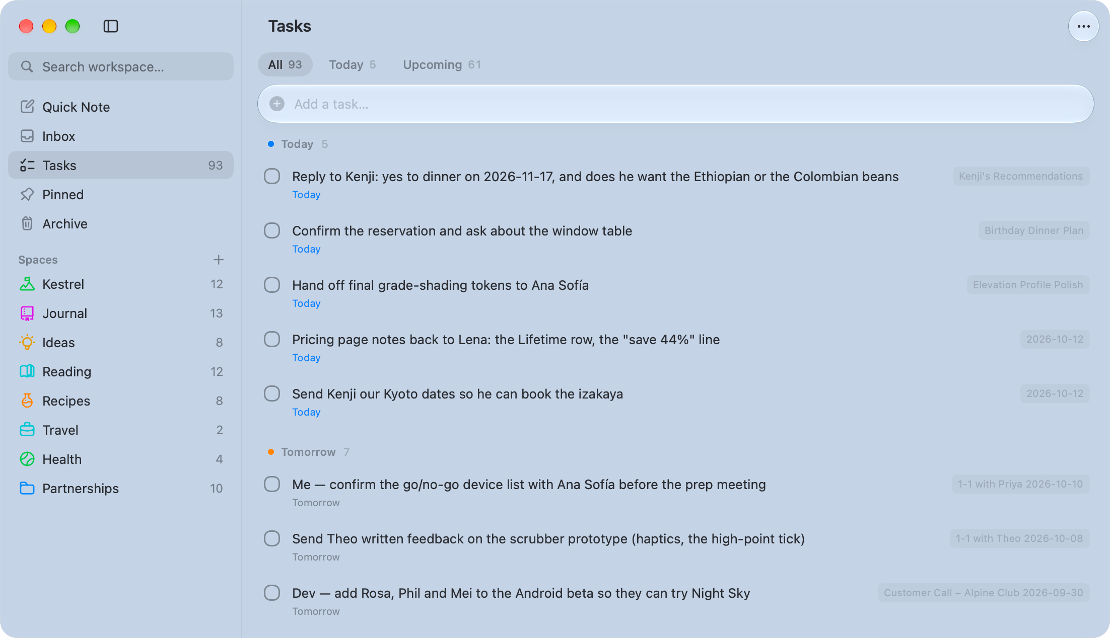 Saturn's Tasks page with tasks due today and tomorrow, each labelled with the note it came from